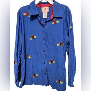 Quacker Factory women’s Blue Shirt with Apple Embroidery corduroy